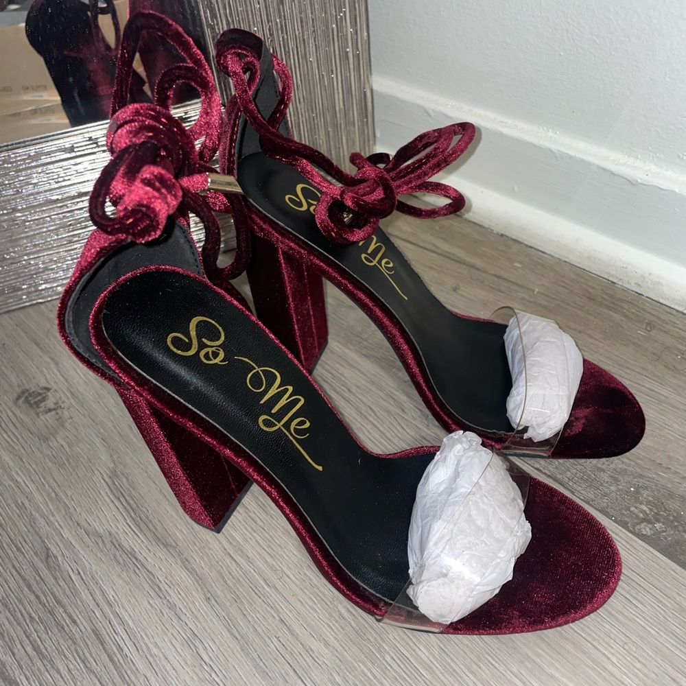 Wine Velvet Strappy Block Heels